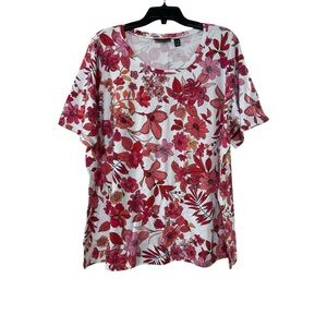Susan Graver White Scoop Neck Short Sleeve Top with Pink & Red Floral Print
